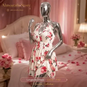فستان لانجيري أبيض مشجر P112 من Play Baby Lingerie — طبعات ورود كلاسيكية بكلوش مزدوج الطبقات