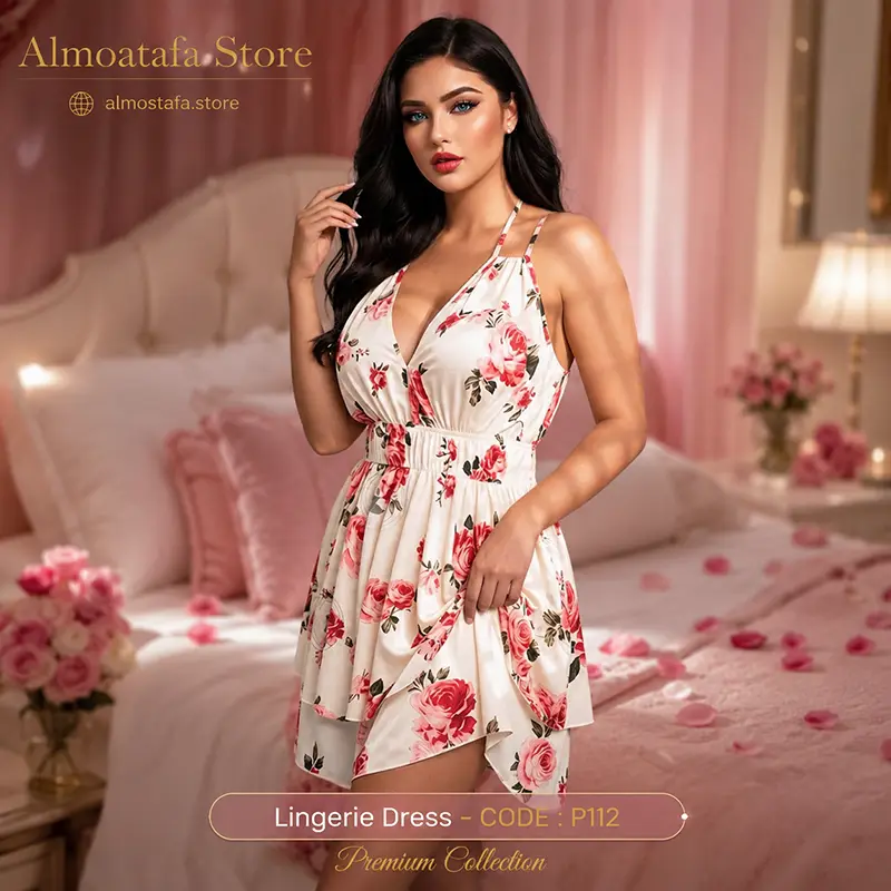 فستان لانجيري أبيض مشجر P112 من Play Baby Lingerie — طبعات ورود كلاسيكية بكلوش مزدوج الطبقات