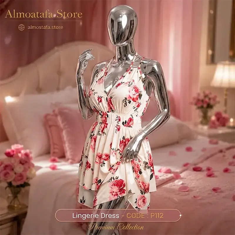 فستان لانجيري أبيض مشجر P112 من Play Baby Lingerie — طبعات ورود كلاسيكية بكلوش مزدوج الطبقات