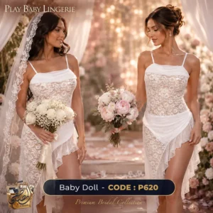 قميص نوم دانتيل شفاف أبيض موديل P620 من Play Baby Lingerie - تصميم فاخر بحمالات رفيعة وكشكشة غير متناظرة لإطلالة عروس مثيرة