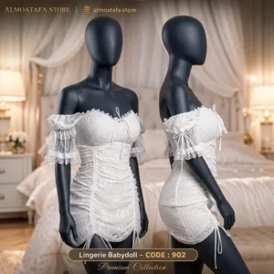 بيبي دول دانتيل أبيض منقط 902 من Play Baby Lingerie — طبقات دانتيل وتل Polka Dot بقصة أوف شولدر رومانسية