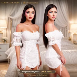 بيبي دول دانتيل أبيض منقط 902 من Play Baby Lingerie — طبقات دانتيل وتل Polka Dot بقصة أوف شولدر رومانسية