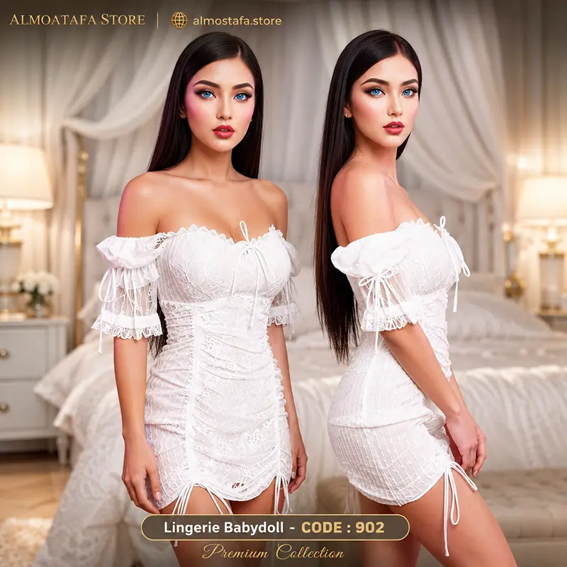 بيبي دول دانتيل أبيض منقط 902 من Play Baby Lingerie — طبقات دانتيل وتل Polka Dot بقصة أوف شولدر رومانسية