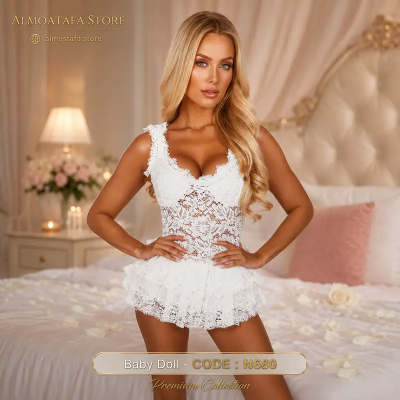 بيبي دول دانتيل أبيض فاخر N680 من Play Baby Lingerie — دانتيل شفاف بنقوش وردية وصدر مدعم Underwire