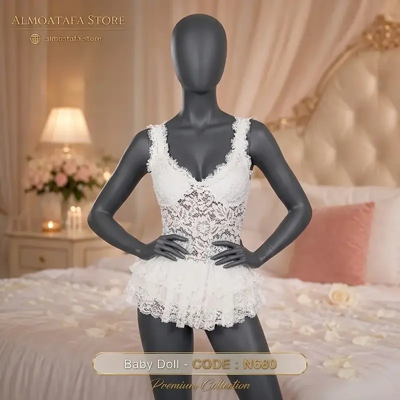 بيبي دول دانتيل أبيض فاخر N680 من Play Baby Lingerie — دانتيل شفاف بنقوش وردية وصدر مدعم Underwire