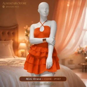 ميني دريس هالتر بكشكشة P107 من Play Baby Lingerie باللون البرتقالي — فتحة صدر Keyhole بأربطة متقاطعة وطبقات كشكشة متدرجة