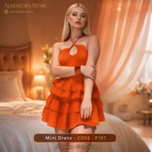 ميني دريس هالتر بكشكشة P107 من Play Baby Lingerie باللون البرتقالي — فتحة صدر Keyhole بأربطة متقاطعة وطبقات كشكشة متدرجة