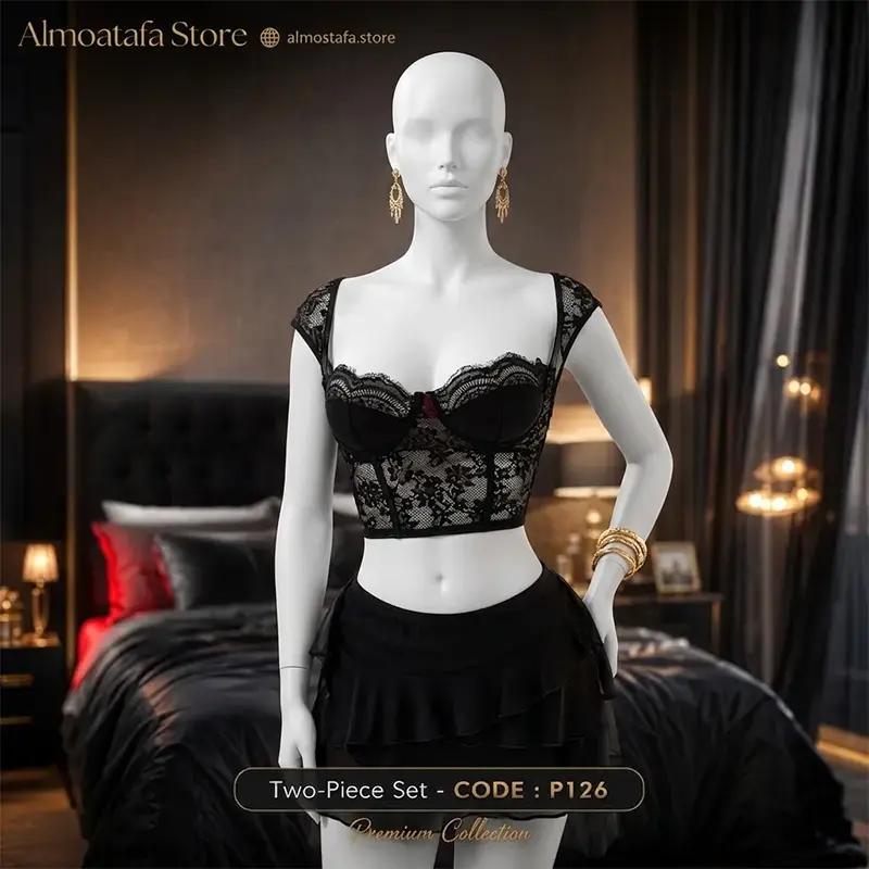 طقم لانجيري كورسيه وتنورة P126 من Play Baby Lingerie باللون الأسود — دانتيل بنقوش ورد بارزة وتنورة شيفون بطبقات كشكشة