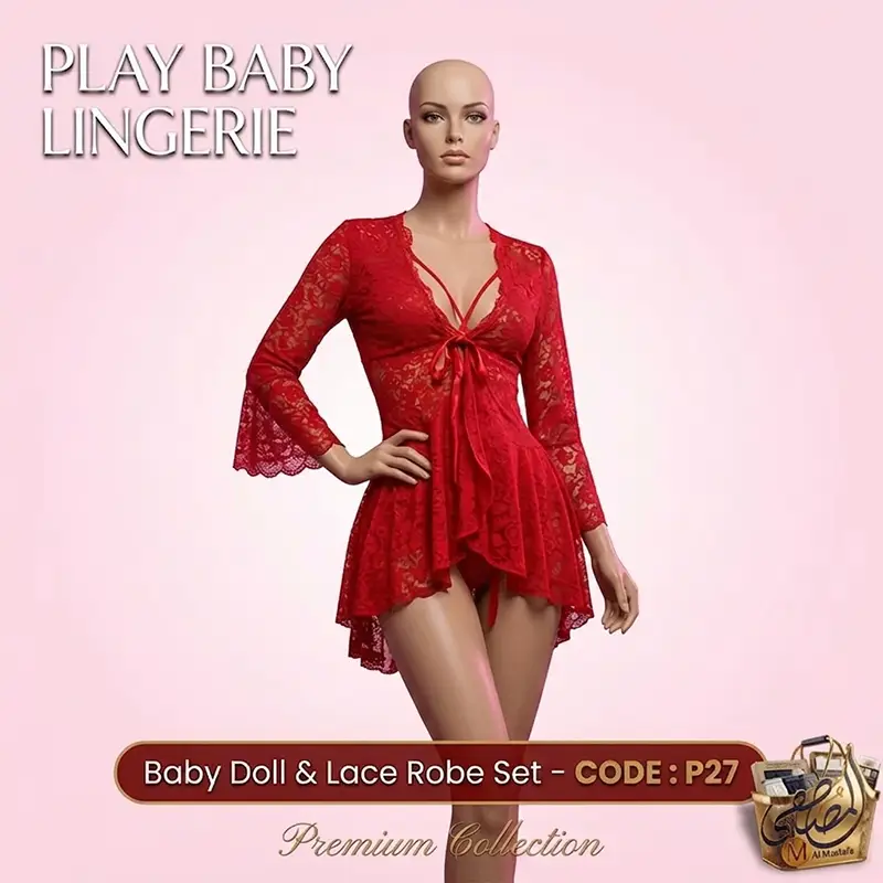 طقم بيبي دول أحمر دانتيل P27 من Play Baby Lingerie مع روب قصير وسليب — دانتيل فلورال شفاف بأكمام جرس واسعة