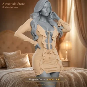 فستان لانجيري قصير بكشكشة P33 من Play Baby Lingerie باللون البيج — قماش ناعم أنسيابي بأكمام طويلة