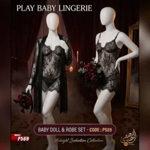 طقم بيبي دول أسود شفاف P569 من Play Baby Lingerie مع روب دانتيل طويل — دانتيل رموش فاخر بتصميم مثير وجريء