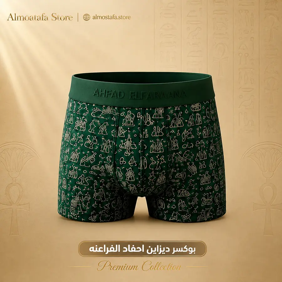 بوكسر ديزاين مشجر رجالي من أحفاد الفراعنة — نقشات فرعونية على قطن مصري فاخر، تصميم مميز بخصر منخفض